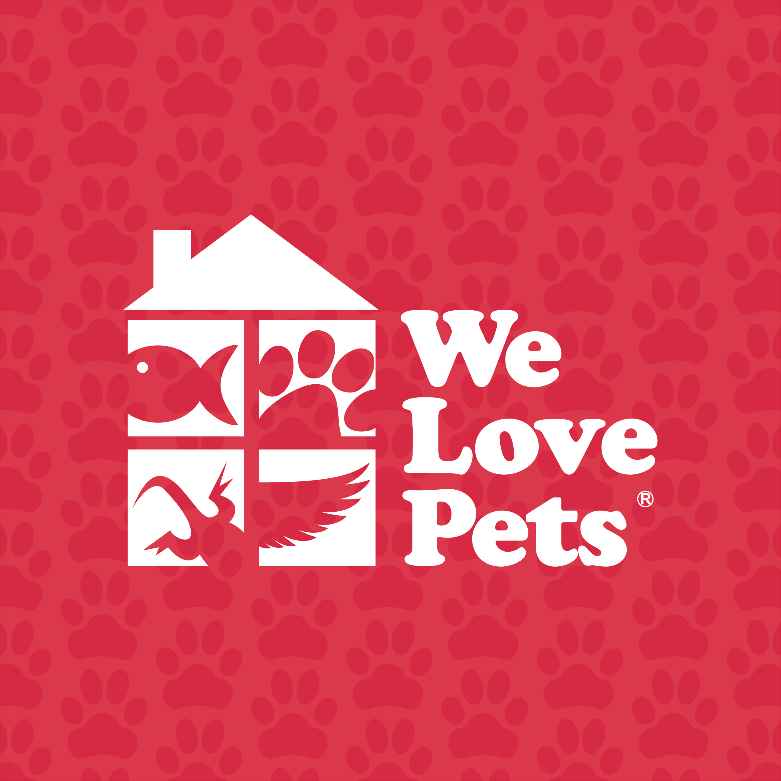 We Love Pets Lymington logo with white house icon and pet silhouettes on a red paw-print background