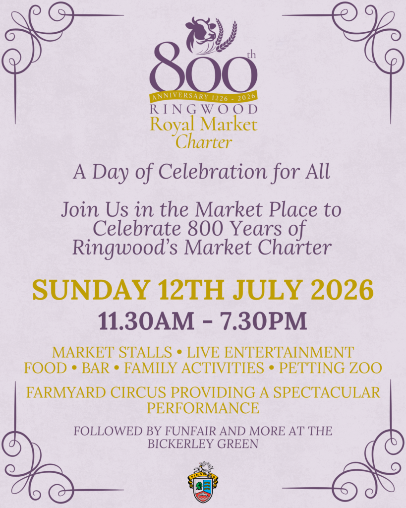 Poster for Ringwood Royal Market Charter 800th anniversary, Sunday 12 July 2026, 11.30am–7.30pm, market stalls and entertainment