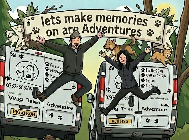 Cartoon of a man and woman jumping between two dog-walking vans under a banner reading lets make memories on are Adventures with dogs on top