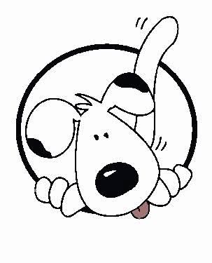 Black-and-white cartoon dog hanging through a hoop with tongue out and tail wagging