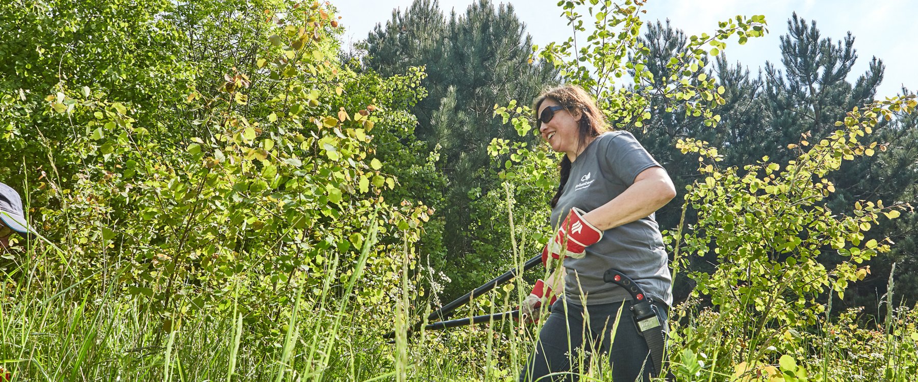 Woman wearing gloves and sunglasses uses long-handled loppers to cut shrubs in a sunny wooded area
