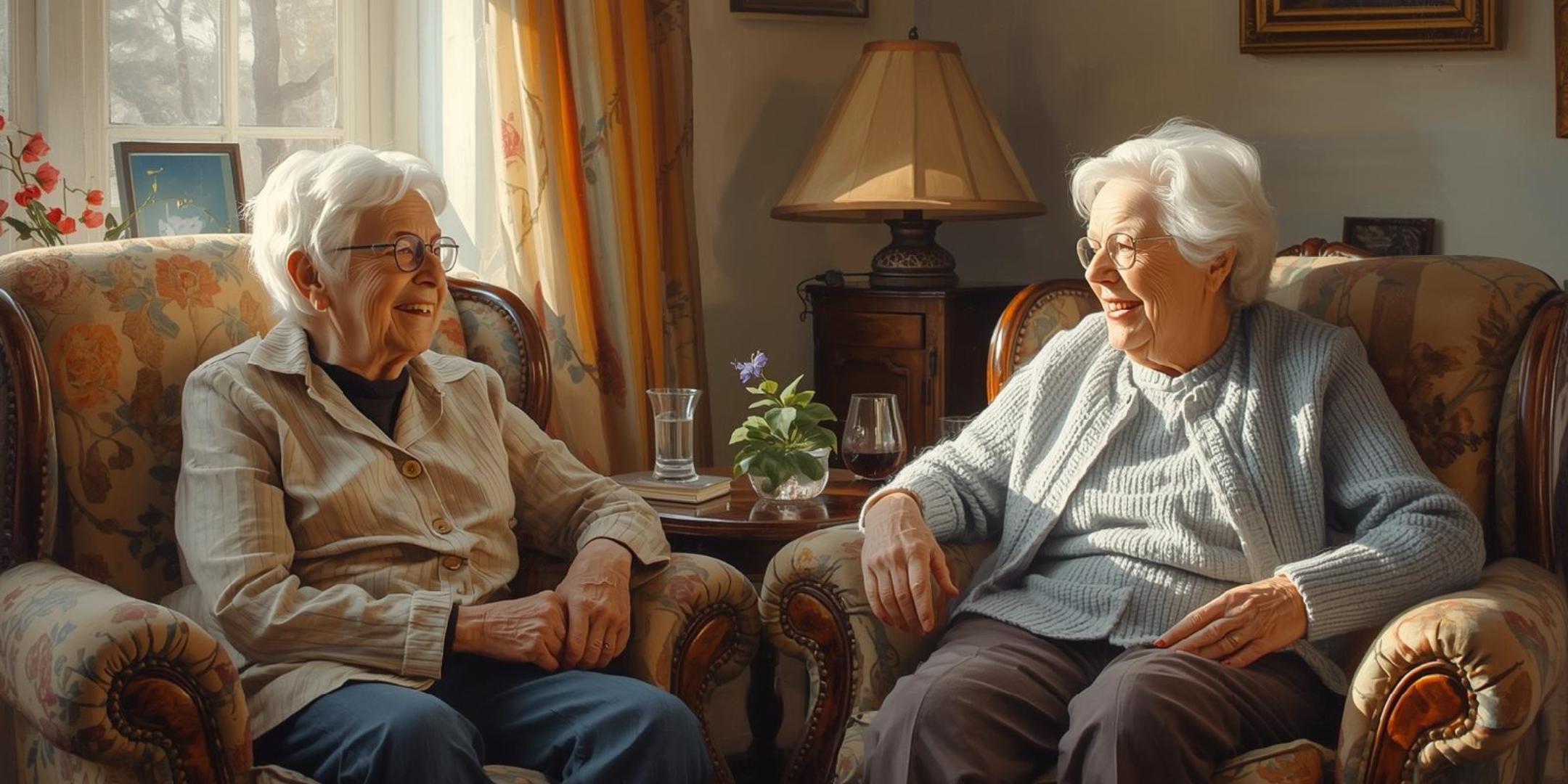 Two elderly women smiling and chatting in floral armchairs beside a table with a small plant, water glasses, and a lamp in a sunny room