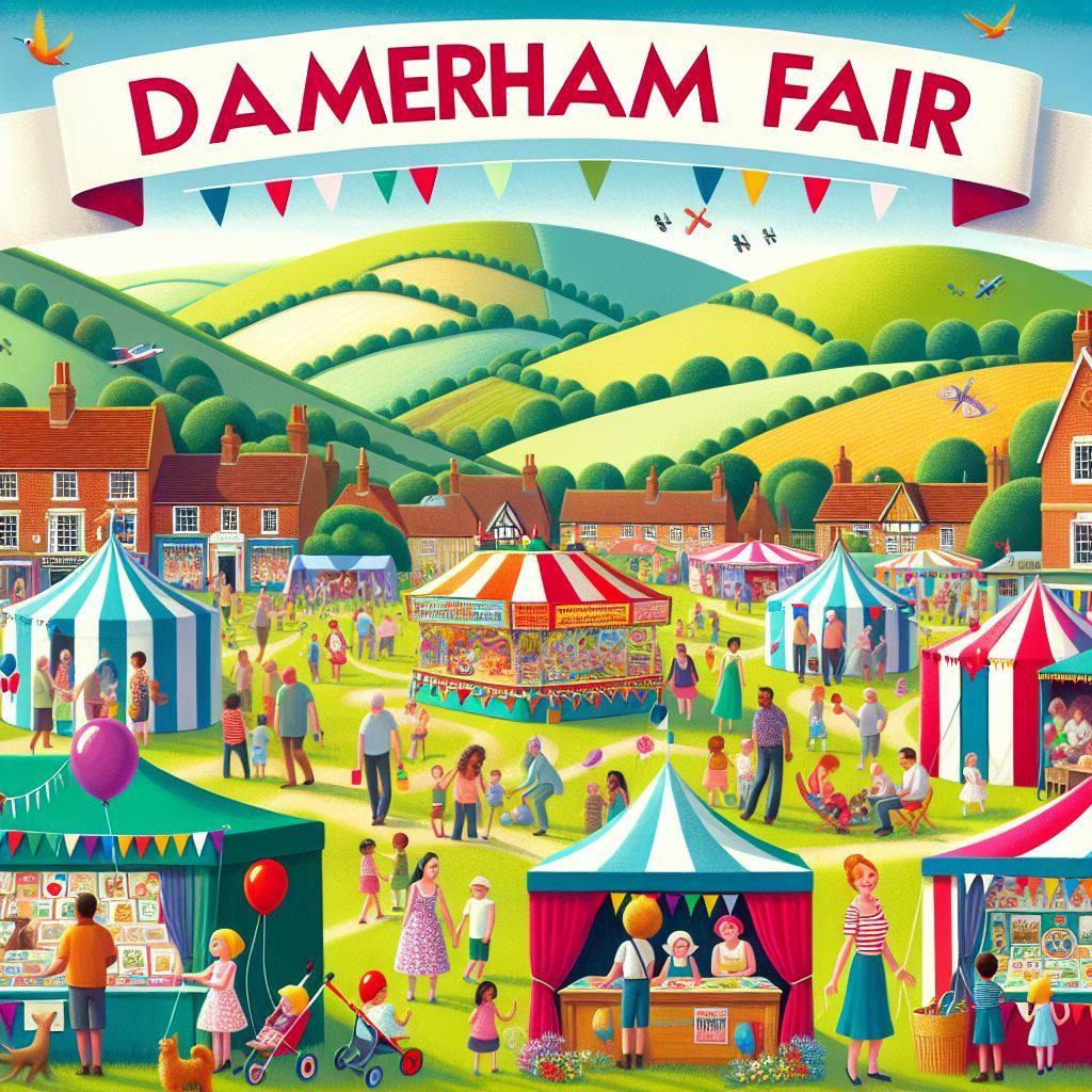 Illustrated poster for Damerham Fair showing village green with tents, carousel, bunting, families, and rolling hills behind village houses