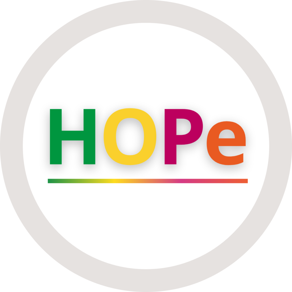 Circular HOPe logo with multicolored letters H, O, P, e and a rainbow underline on white background