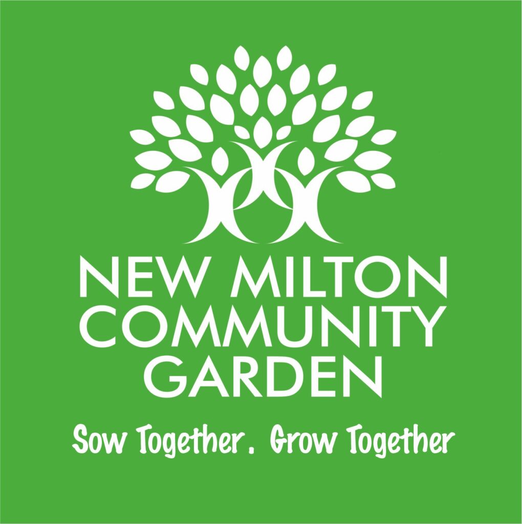 New Milton Community Garden logo with white tree graphic on green background and text: Sow Together. Grow Together
