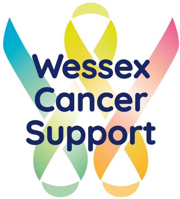 Wessex Cancer Support logo with blue text over two multicolour awareness ribbons forming a W shape