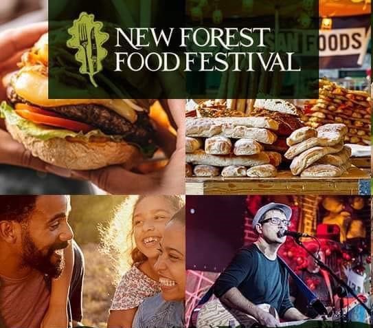 Collage banner for New Forest Food Festival with burger, baked pastries, family smiling, and musician singing on stage