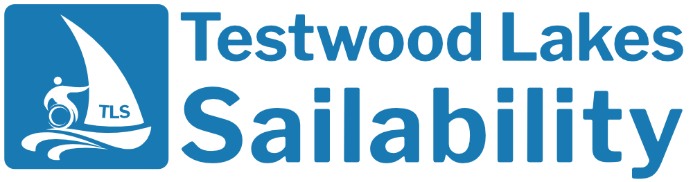 Testwood Lakes Sailability logo with white sailboat icon and TLS on a blue square, alongside the text "Testwood Lakes Sailability