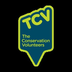 TCV logo with lime-green letters on teal background, reading TCV and The Conservation Volunteers in a speech-bubble shape