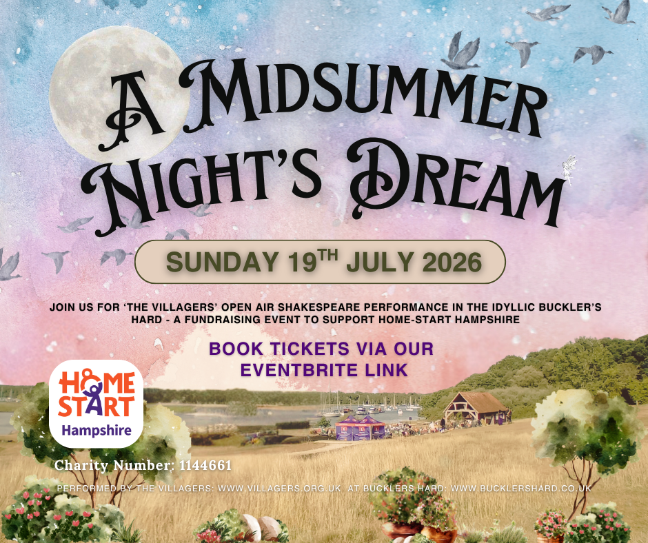 Poster for A Midsummer Night's Dream, Sunday 19 July 2026, with moonlit sky and birds over Buckler's Hard field scene
