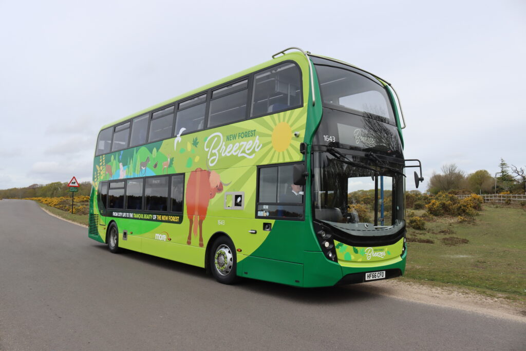 A green bus branded as New Forest Breezer on a road in the New Forest. There is heathland in the background.