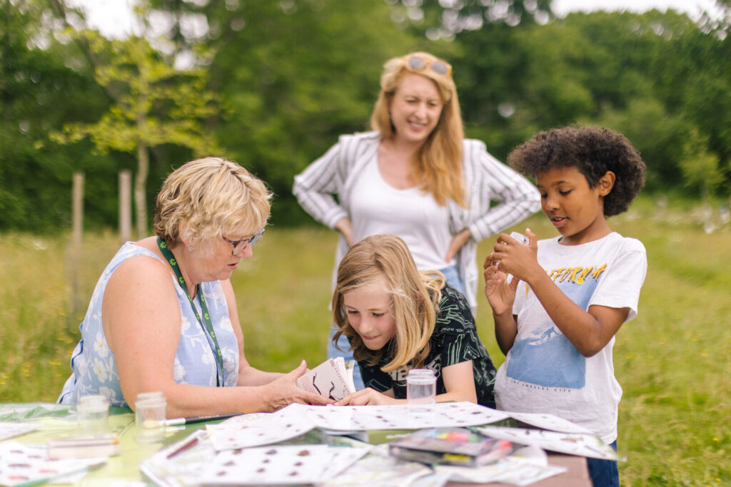 Volunteer shows children an insect identification sheet at an outdoor table with bug samples in jars, in a grassy park