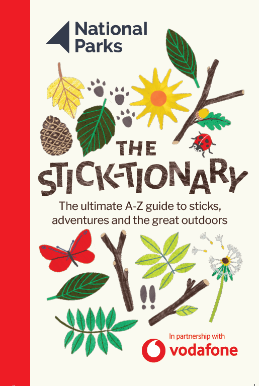 National Parks poster titled The Stick-ionary with illustrated leaves, sticks, pawprints, sun, butterfly, ladybug, and flowers, Vodafone logo