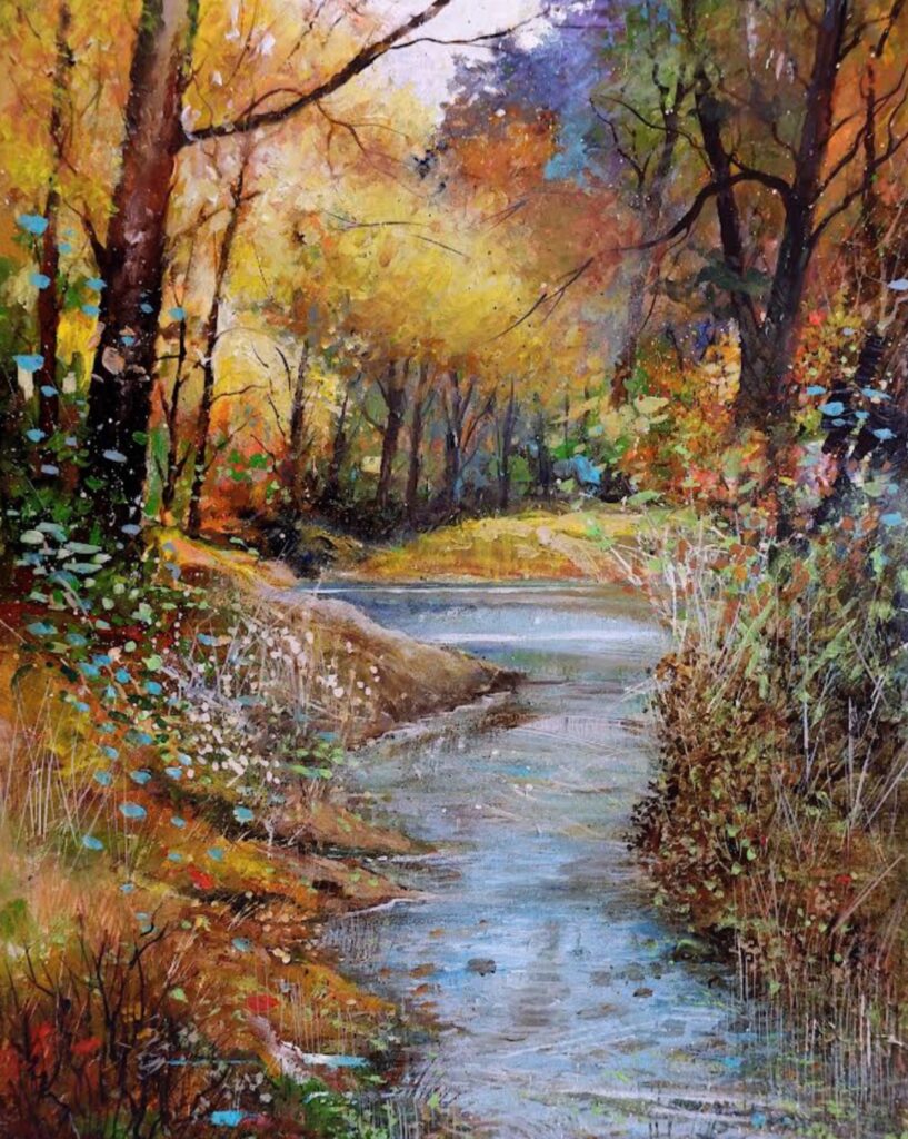 Painting of a winding creek through an autumn forest with yellow and orange leaves and dense shrubs along the banks