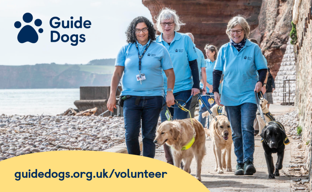 Guide Dogs volunteers and dogs walk along a coastal path