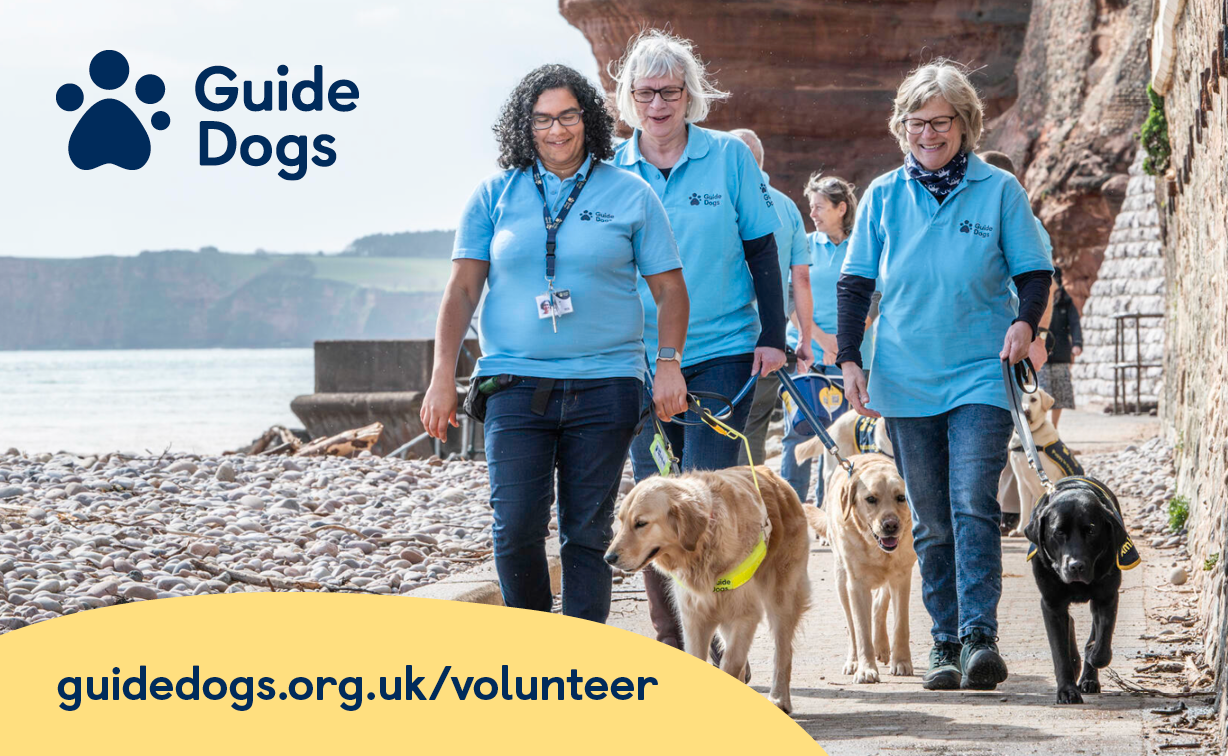 Guide Dogs volunteers and dogs walk along a coastal path