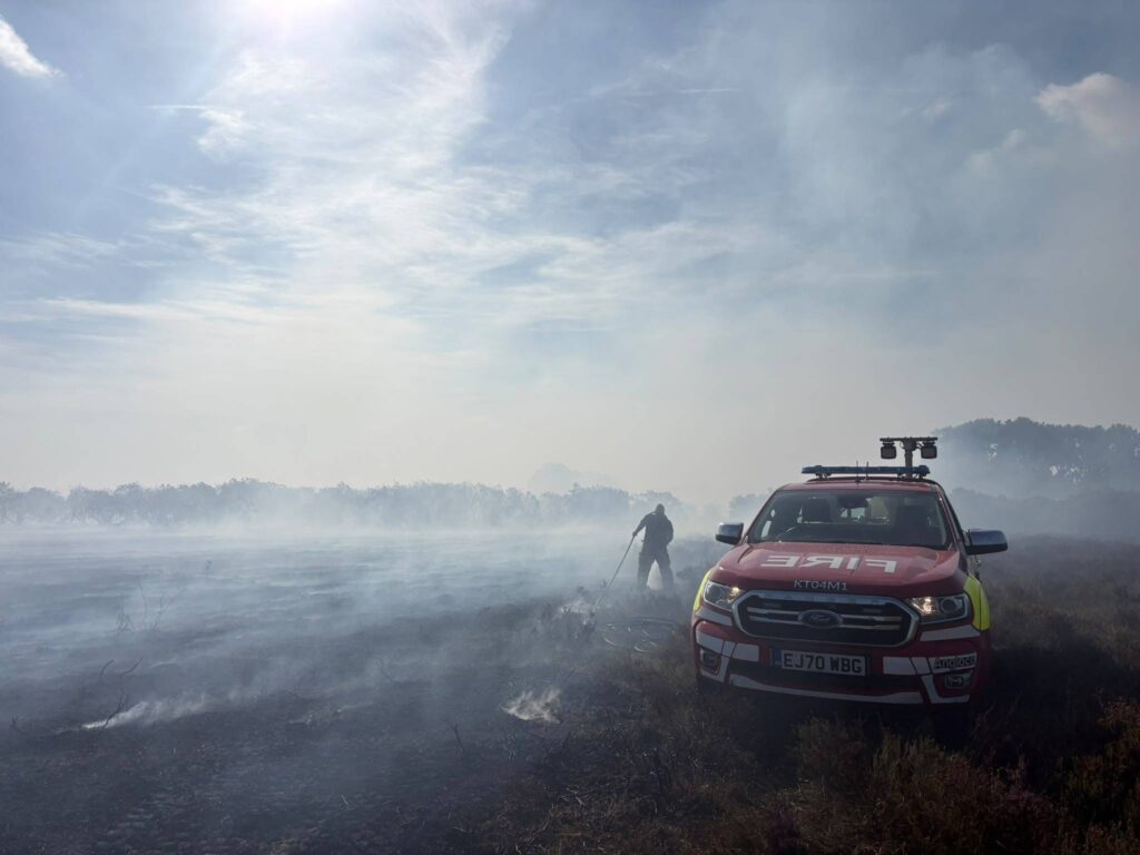 A lone firefighter and vehichle stand on scorched earth surrounded by smoke responding to the wildfire in the New Forest