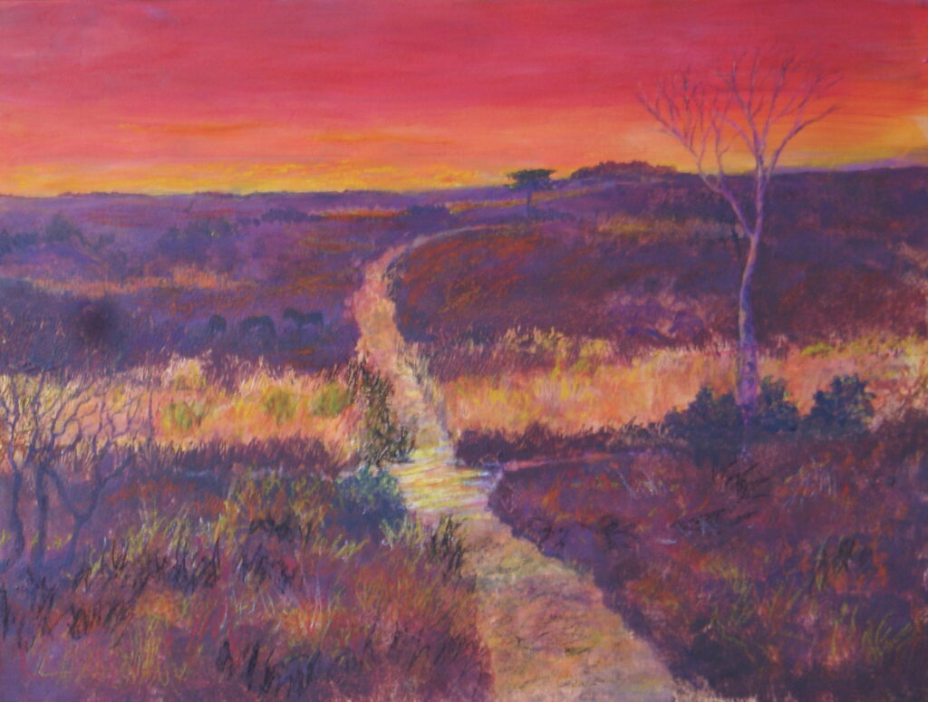Painting of a winding dirt path through purple and gold fields at sunset, with a bare tree on the right
