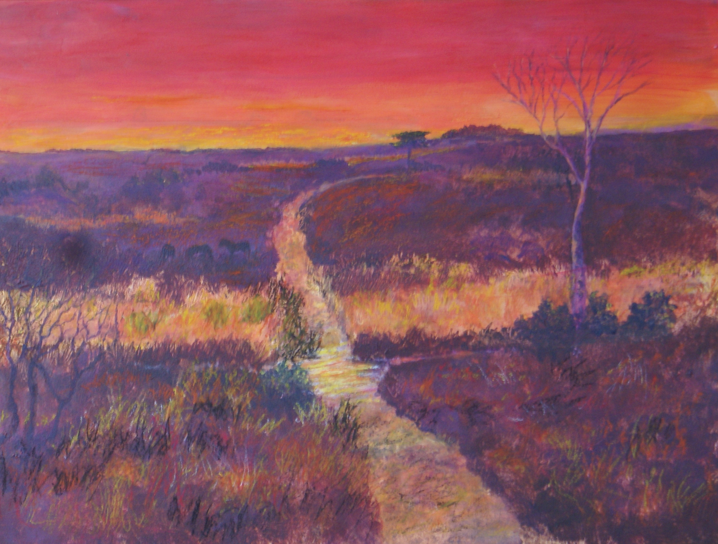 Painting of a winding dirt path through purple and gold fields at sunset, with a bare tree on the right