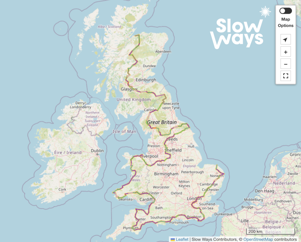 Map of Great Britain showing a multicolored Slow Ways route network, with routes across England, Wales, and Scotland
