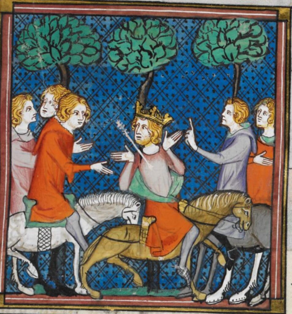 Medieval illustration of a crowned rider on horseback gesturing as four people point and speak under trees on a blue background