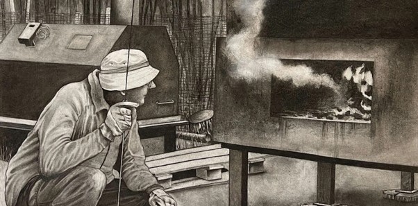 Charcoal drawing of a person in a hat crouching beside a wood stove, blowing into a tube as smoke rises from the firebox