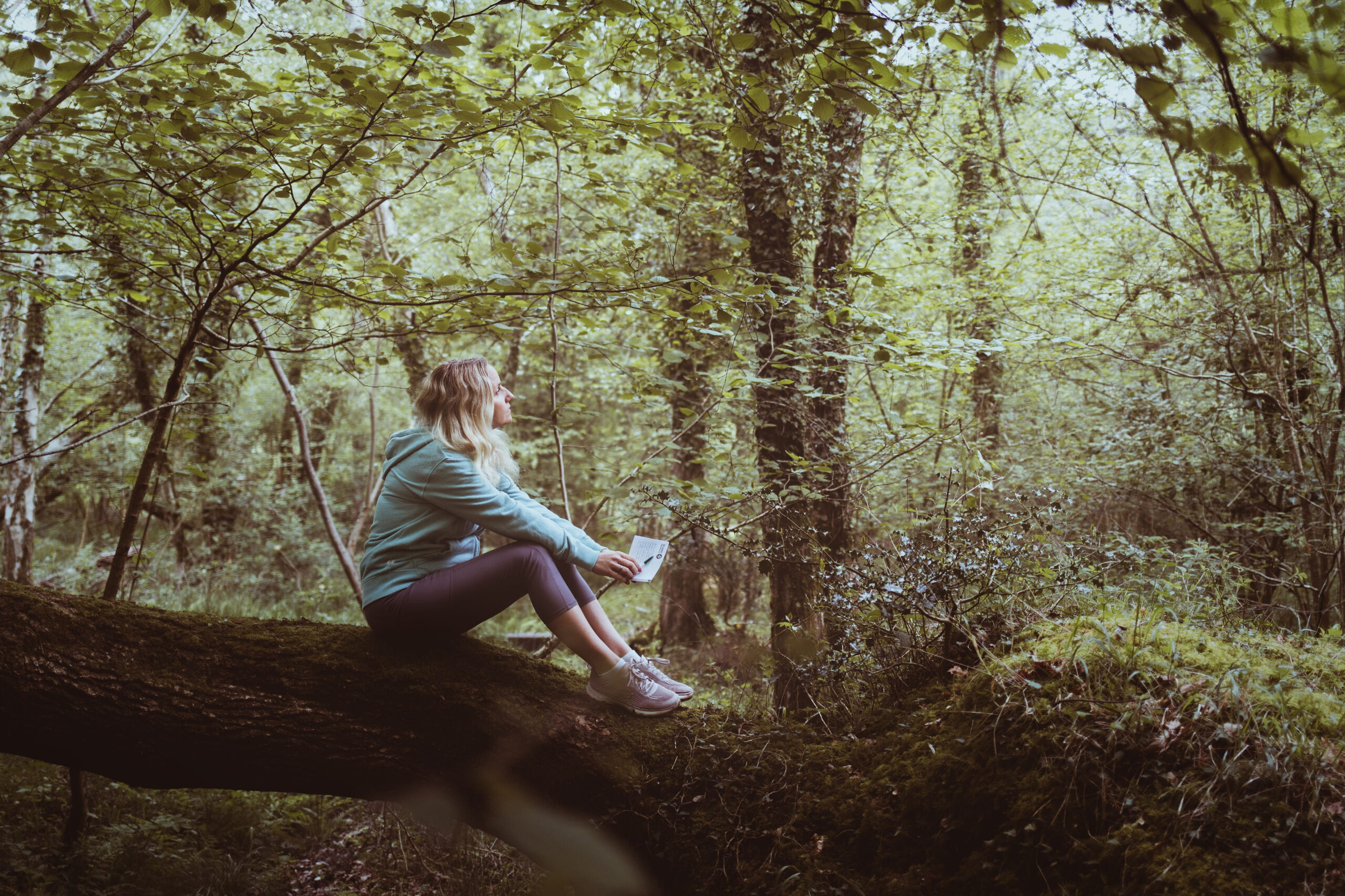 Woman sitting on a mossy fallen tree in a leafy forest, holding a notebook and looking up at the canopy