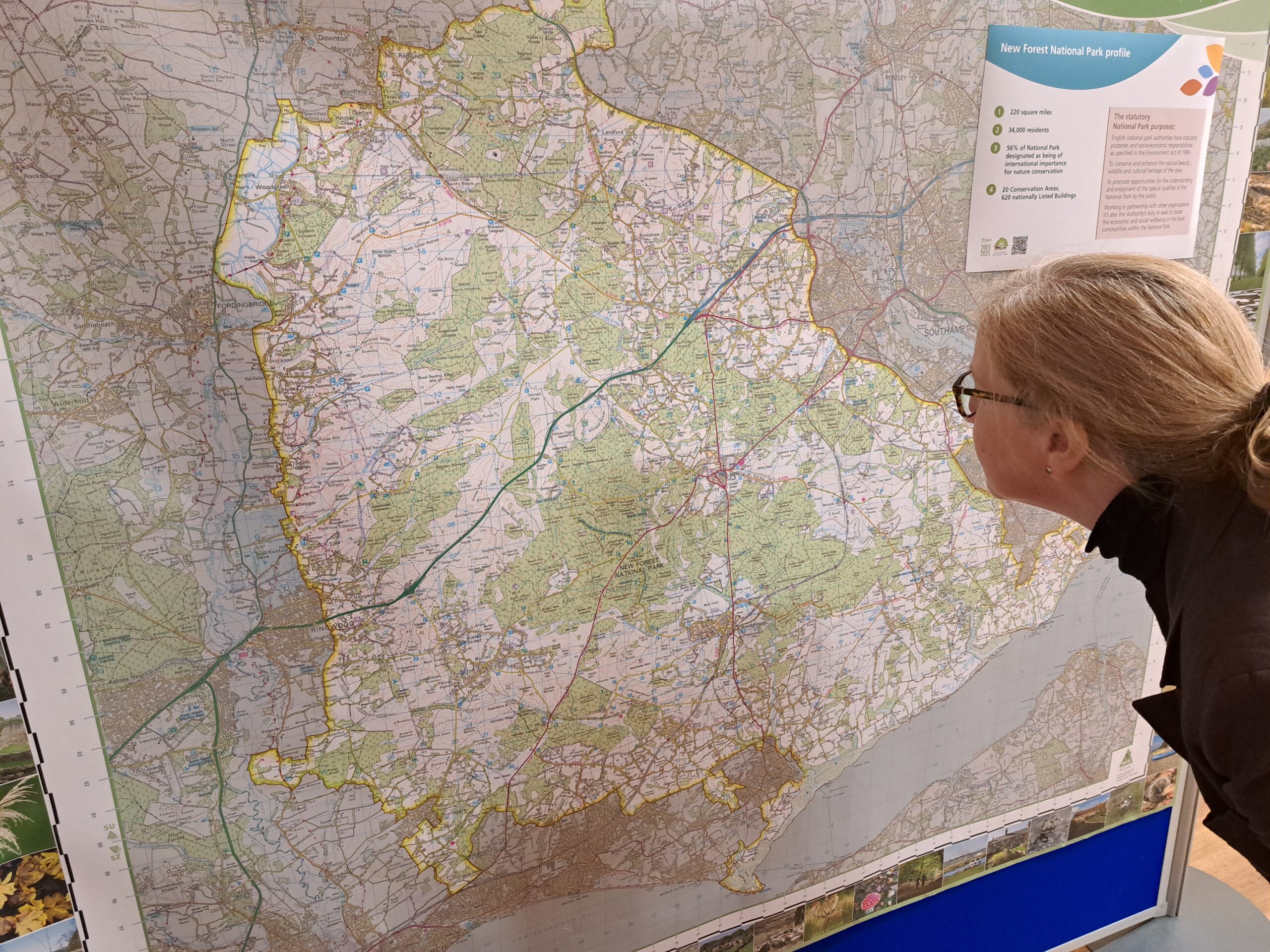 Woman with glasses studies a large wall map of New Forest National Park showing roads, towns, and park boundary