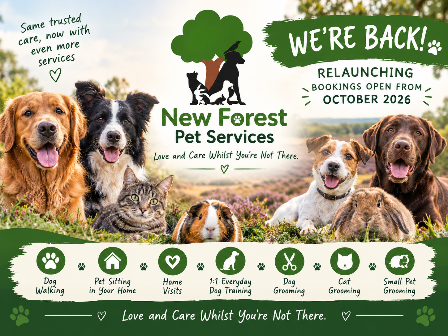 New Forest Pet Services relaunch poster: bookings open October 2026, photos of dogs, cat, rabbit and guinea pig, list of services icons