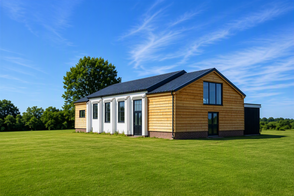 Modern wooden hall building with white columns and large windows, set in a grassy field under a blue sky