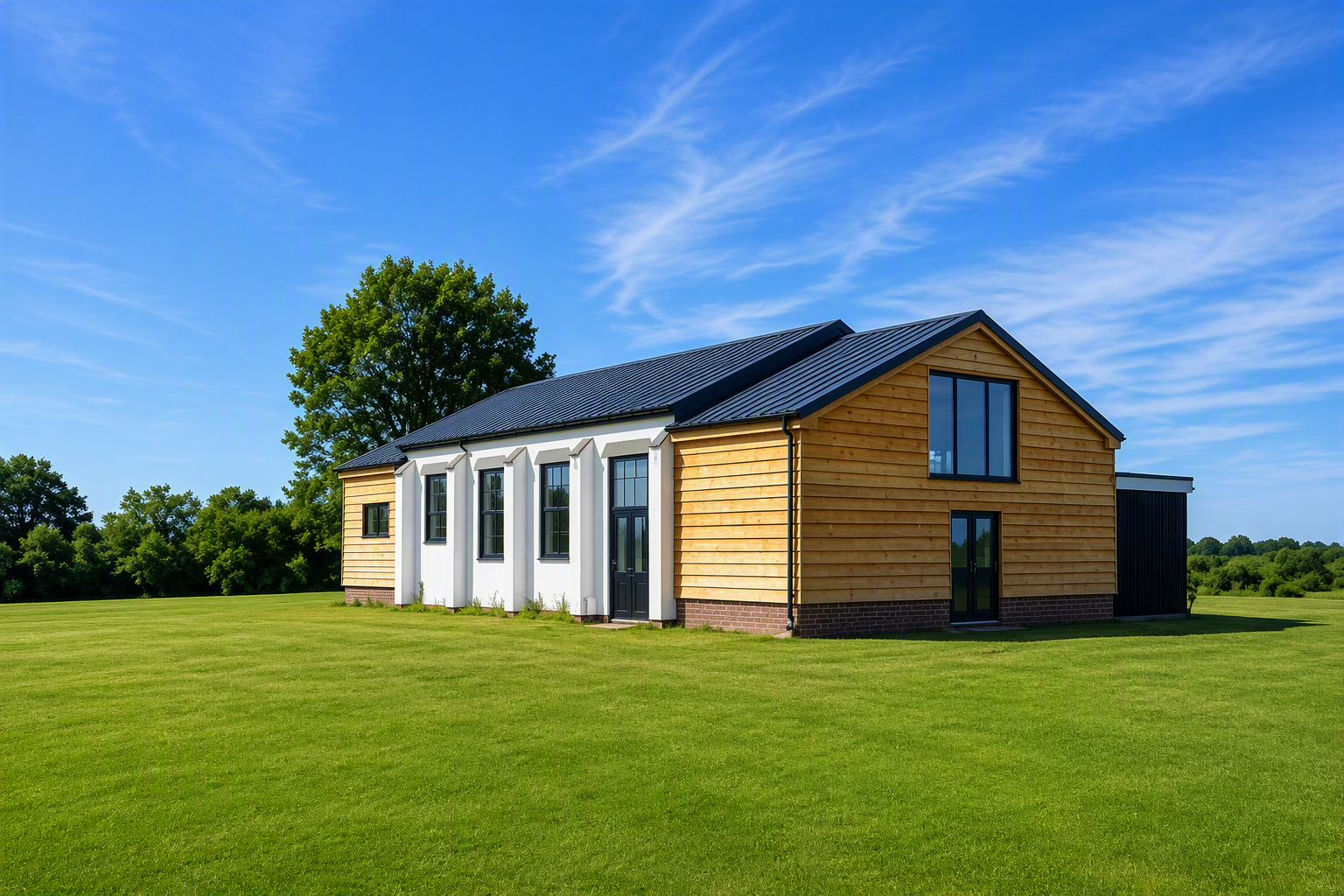 Modern wooden hall building with white columns and large windows, set in a grassy field under a blue sky