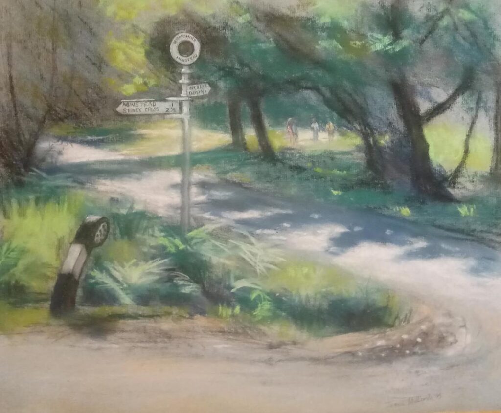 Pastel drawing of a wooded lane with a signpost reading Alresford, Stoney Cross and Ockley’s Caravan, walkers in distance