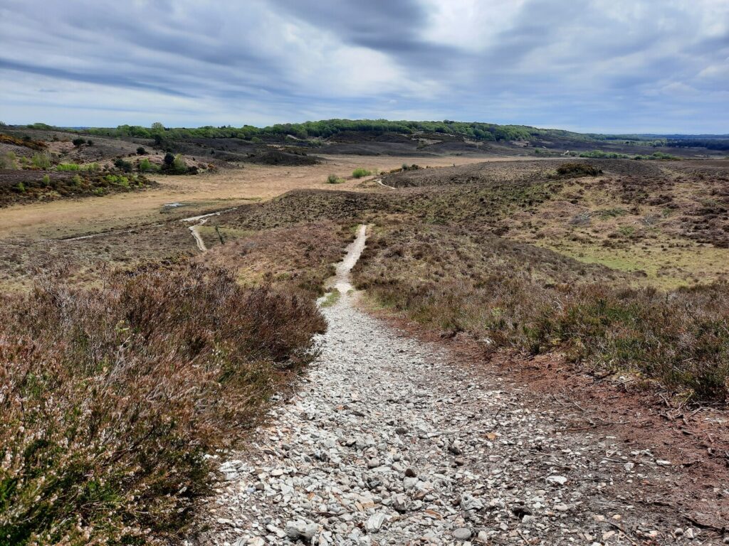 Gravel path winding through open heathland and rolling hills beneath a cloudy sky, with a green treeline in the distance