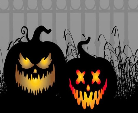 Two glowing jack-o'-lantern faces in silhouette, one with angry eyes and one with X eyes, with tall grass and fence behind